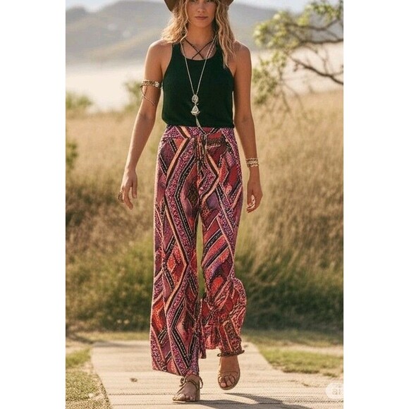 Anthropologie Womens Size 0 Layla Abstract Wide-Leg Plum Pants High Rise Boho - Picture 1 of 4